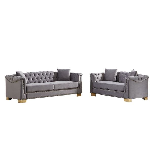 English Elm 3-seater Chesterfield Velvet Sofa Set Button Tufted Rolled Arms Gold Studs Living Room Grey W1926S00134