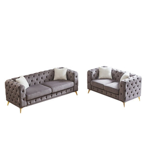 English Elm Fx Velvet Chesterfield Sofa Set Button Tufted Living Room Combo with Metal Legs Grey W1926S00138
