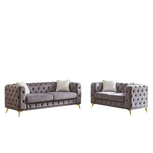 English Elm Fx Velvet Chesterfield Sofa Set Button Tufted Living Room Combo with Metal Legs Grey W1926S00138