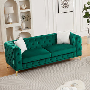 English Elm [video] Chesterfield Velvet Sofa Tufted Diamond Quilted Living Room Seating with Metal Legs Green W1926S00140