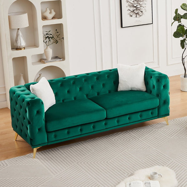 English Elm [video] Chesterfield Velvet Sofa Tufted Diamond Quilted Living Room Seating with Metal Legs Green W1926S00140