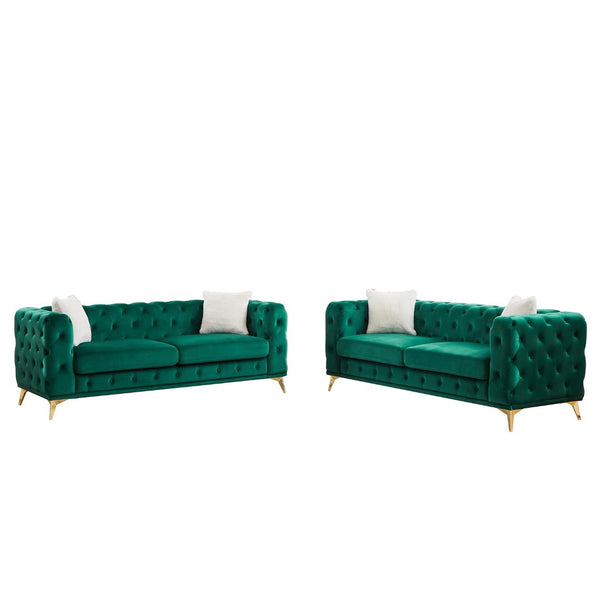 English Elm Fx Velvet Chesterfield Sofa Set with Button Tufting Pocket Springs and Metal Legs Green W1926S00141