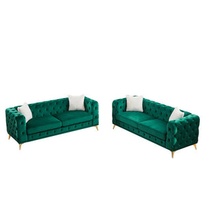 English Elm Fx Velvet Chesterfield Sofa Set with Button Tufting Pocket Springs and Metal Legs Green W1926S00141