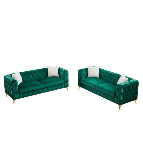 English Elm Fx Velvet Chesterfield Sofa Set with Button Tufting Pocket Springs and Metal Legs Green W1926S00141
