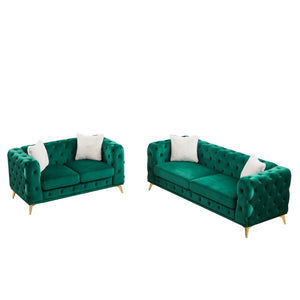 English Elm Fx Velvet Chesterfield Sofa Set Button Tufted Living Room Combo with Metal Legs Green W1926S00142