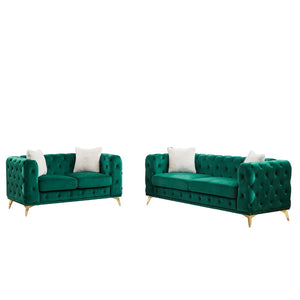 English Elm Fx Velvet Chesterfield Sofa Set Button Tufted Living Room Combo with Metal Legs Green W1926S00142