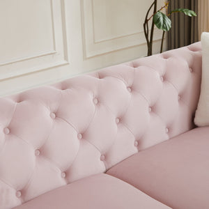 English Elm [video] Chesterfield Velvet Loveseat with Diamond Tufting Pocket Springs and Sleek Metal Legs Pink W1926S00143
