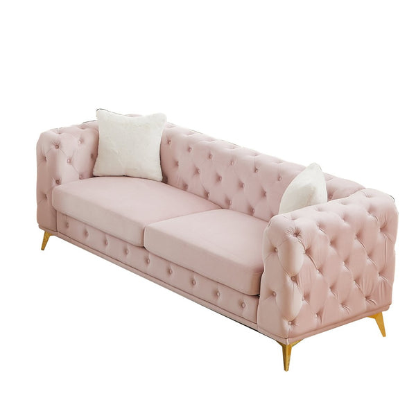 English Elm [video] Chesterfield Velvet Sofa Tufted Diamond Quilted Living Room Seating with Metal Legs Pink W1926S00144
