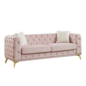 English Elm [video] Chesterfield Velvet Sofa Tufted Diamond Quilted Living Room Seating with Metal Legs Pink W1926S00144