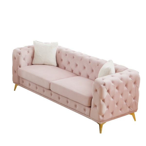English Elm [video] Chesterfield Velvet Sofa Tufted Diamond Quilted Living Room Seating with Metal Legs Pink W1926S00144
