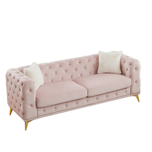 English Elm [video] Chesterfield Velvet Sofa Tufted Diamond Quilted Living Room Seating with Metal Legs Pink W1926S00144