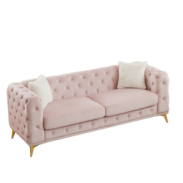 English Elm [video] Chesterfield Velvet Sofa Tufted Diamond Quilted Living Room Seating with Metal Legs Pink W1926S00144