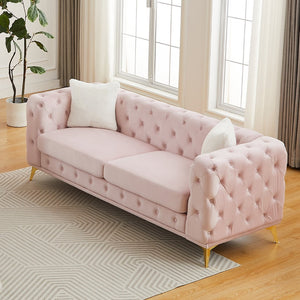 English Elm [video] Chesterfield Velvet Sofa Tufted Diamond Quilted Living Room Seating with Metal Legs Pink W1926S00144