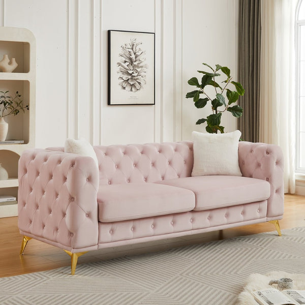 English Elm [video] Chesterfield Velvet Sofa Tufted Diamond Quilted Living Room Seating with Metal Legs Pink W1926S00144
