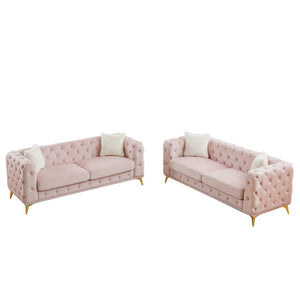 English Elm Fx Velvet Chesterfield Sofa Set with Button Tufting Pocket Springs and Metal Legs Pink W1926S00145