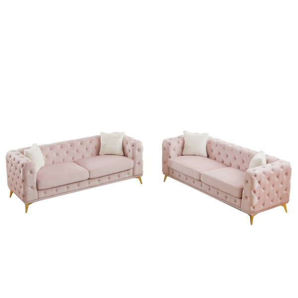 English Elm Fx Velvet Chesterfield Sofa Set with Button Tufting Pocket Springs and Metal Legs Pink W1926S00145