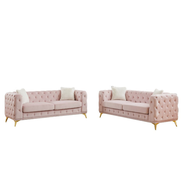 English Elm Fx Velvet Chesterfield Sofa Set with Button Tufting Pocket Springs and Metal Legs Pink W1926S00145
