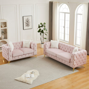 English Elm Fx Velvet Chesterfield Sofa Set Button Tufted Living Room Combo with Metal Legs Pink W1926S00146