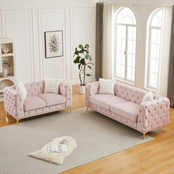English Elm Fx Velvet Chesterfield Sofa Set Button Tufted Living Room Combo with Metal Legs Pink W1926S00146