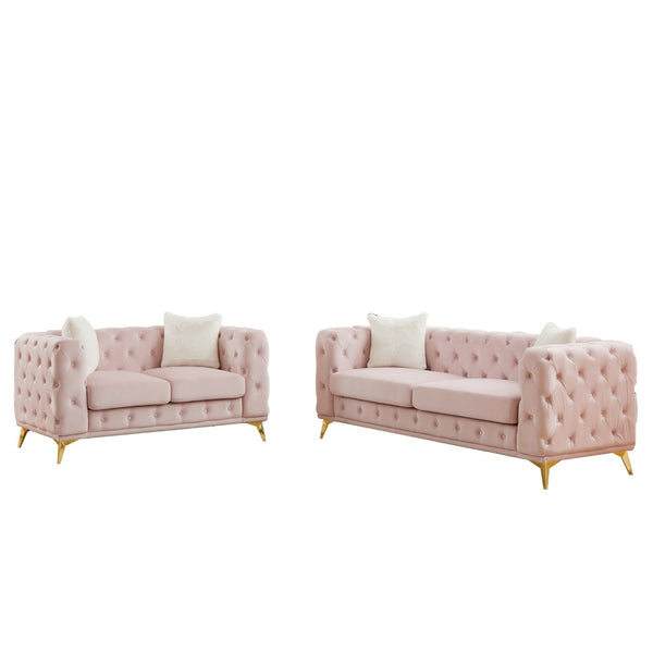 English Elm Fx Velvet Chesterfield Sofa Set Button Tufted Living Room Combo with Metal Legs Pink W1926S00146