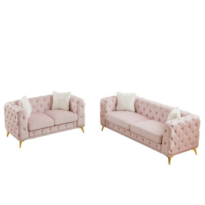 English Elm Fx Velvet Chesterfield Sofa Set Button Tufted Living Room Combo with Metal Legs Pink W1926S00146
