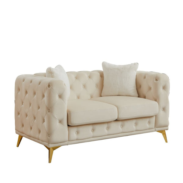 English Elm [video] Chesterfield Velvet Loveseat with Diamond Tufting Pocket Springs and Sleek Metal Legs Beige W1926S00147