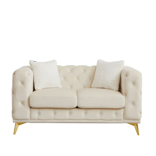 English Elm [video] Chesterfield Velvet Loveseat with Diamond Tufting Pocket Springs and Sleek Metal Legs Beige W1926S00147