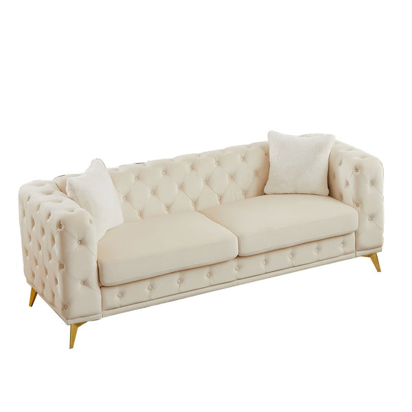 English Elm [video] Chesterfield Velvet Sofa Tufted Diamond Quilted Living Room Seating with Metal Legs Beige W1926S00148