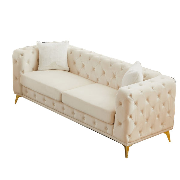 English Elm [video] Chesterfield Velvet Sofa Tufted Diamond Quilted Living Room Seating with Metal Legs Beige W1926S00148