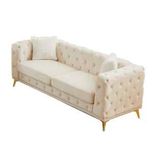 English Elm [video] Chesterfield Velvet Sofa Tufted Diamond Quilted Living Room Seating with Metal Legs Beige W1926S00148