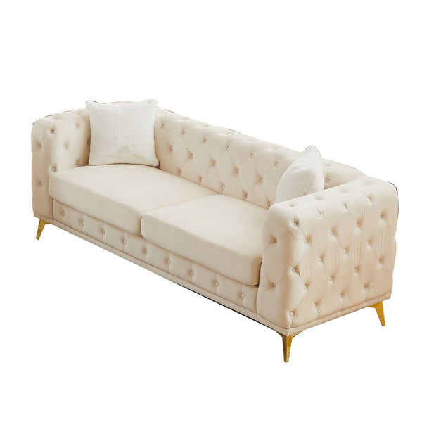 English Elm [video] Chesterfield Velvet Sofa Tufted Diamond Quilted Living Room Seating with Metal Legs Beige W1926S00148