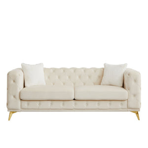 English Elm [video] Chesterfield Velvet Sofa Tufted Diamond Quilted Living Room Seating with Metal Legs Beige W1926S00148
