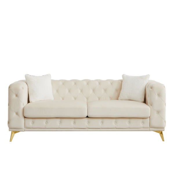 English Elm [video] Chesterfield Velvet Sofa Tufted Diamond Quilted Living Room Seating with Metal Legs Beige W1926S00148
