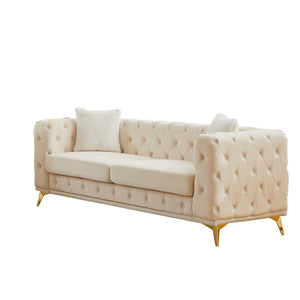 English Elm [video] Chesterfield Velvet Sofa Tufted Diamond Quilted Living Room Seating with Metal Legs Beige W1926S00148