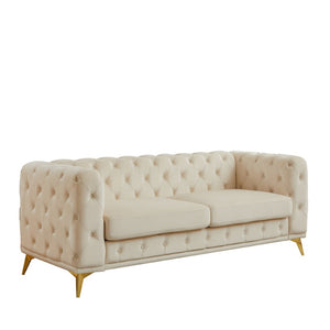 English Elm [video] Chesterfield Velvet Sofa Tufted Diamond Quilted Living Room Seating with Metal Legs Beige W1926S00148