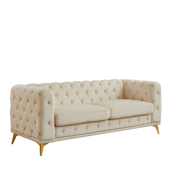 English Elm [video] Chesterfield Velvet Sofa Tufted Diamond Quilted Living Room Seating with Metal Legs Beige W1926S00148