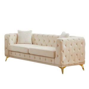 English Elm [video] Chesterfield Velvet Sofa Tufted Diamond Quilted Living Room Seating with Metal Legs Beige W1926S00148