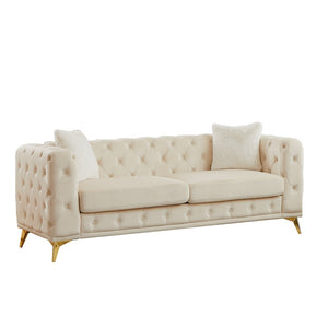 English Elm [video] Chesterfield Velvet Sofa Tufted Diamond Quilted Living Room Seating with Metal Legs Beige W1926S00148