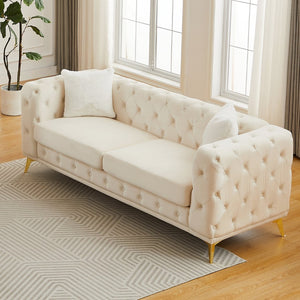 English Elm [video] Chesterfield Velvet Sofa Tufted Diamond Quilted Living Room Seating with Metal Legs Beige W1926S00148