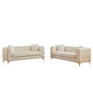 English Elm Fx Velvet Chesterfield Sofa Set with Button Tufting Pocket Springs and Metal Legs Beige W1926S00149