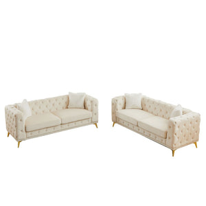 English Elm Fx Velvet Chesterfield Sofa Set with Button Tufting Pocket Springs and Metal Legs Beige W1926S00149