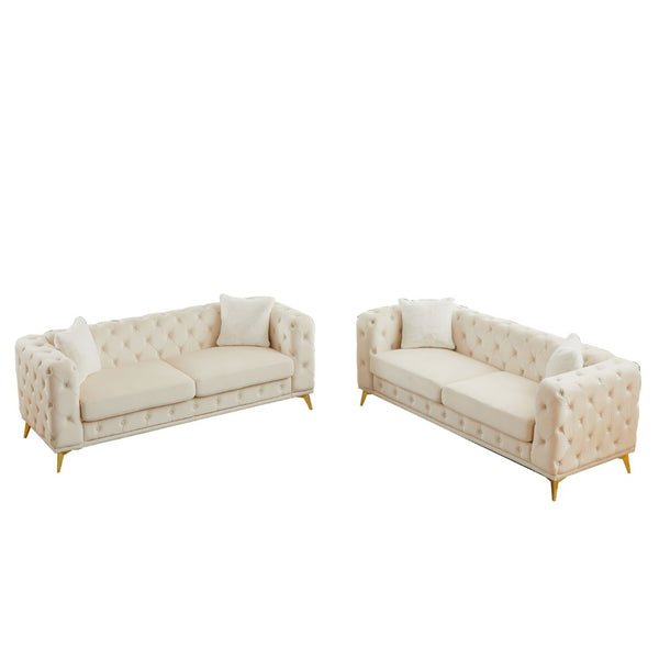 English Elm Fx Velvet Chesterfield Sofa Set with Button Tufting Pocket Springs and Metal Legs Beige W1926S00149