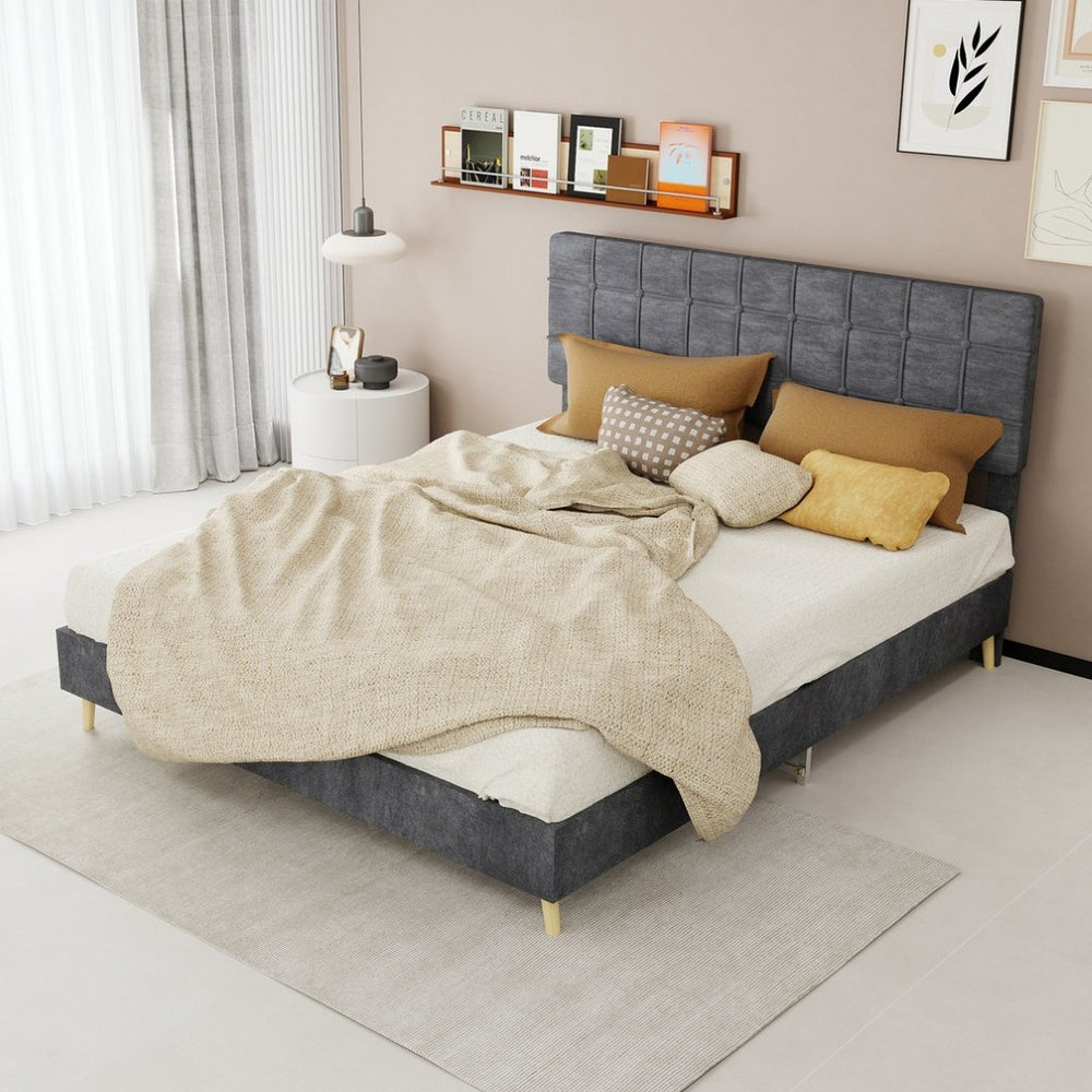 English Elm Modern Velvet Queen Platform Bed Tufted Headboard Padded Steel Slat Support Grey W1935P362354