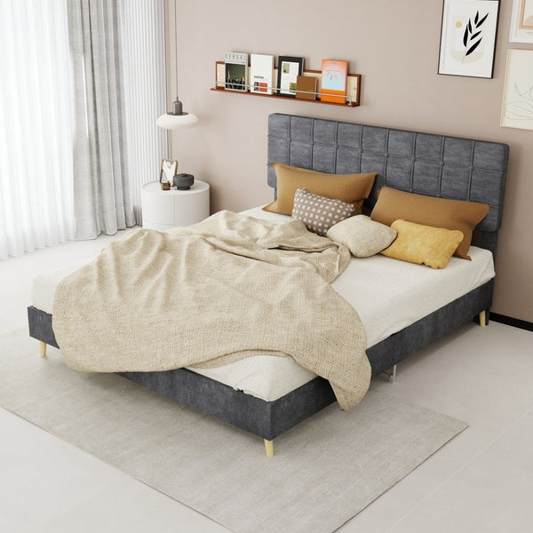 English Elm Modern Velvet Queen Platform Bed Tufted Headboard Padded Steel Slat Support Grey W1935P362354