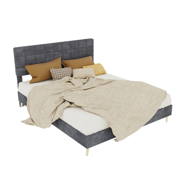 English Elm Modern Velvet Queen Platform Bed Tufted Headboard Padded Steel Slat Support Grey W1935P362354