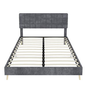 English Elm Modern Velvet Queen Platform Bed Tufted Headboard Padded Steel Slat Support Grey W1935P362354