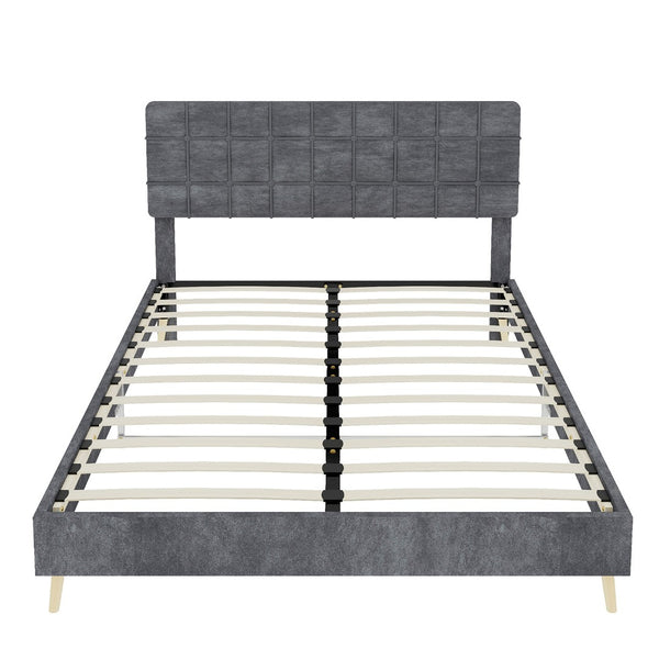 English Elm Modern Velvet Queen Platform Bed Tufted Headboard Padded Steel Slat Support Grey W1935P362354