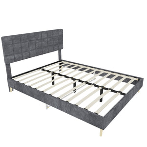 English Elm Modern Velvet Queen Platform Bed Tufted Headboard Padded Steel Slat Support Grey W1935P362354