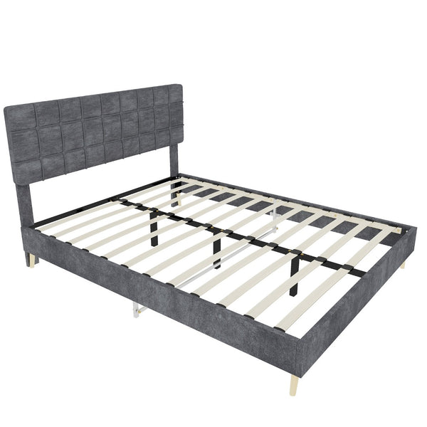 English Elm Modern Velvet Queen Platform Bed Tufted Headboard Padded Steel Slat Support Grey W1935P362354