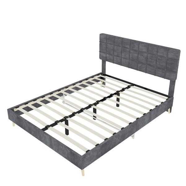English Elm Modern Velvet Queen Platform Bed Tufted Headboard Padded Steel Slat Support Grey W1935P362354